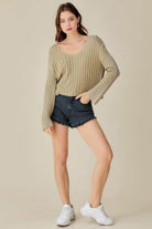 V-Neck Washed Crop Sweater - VacationGrabs