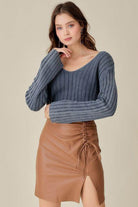 V-Neck Washed Crop Sweater - VacationGrabs
