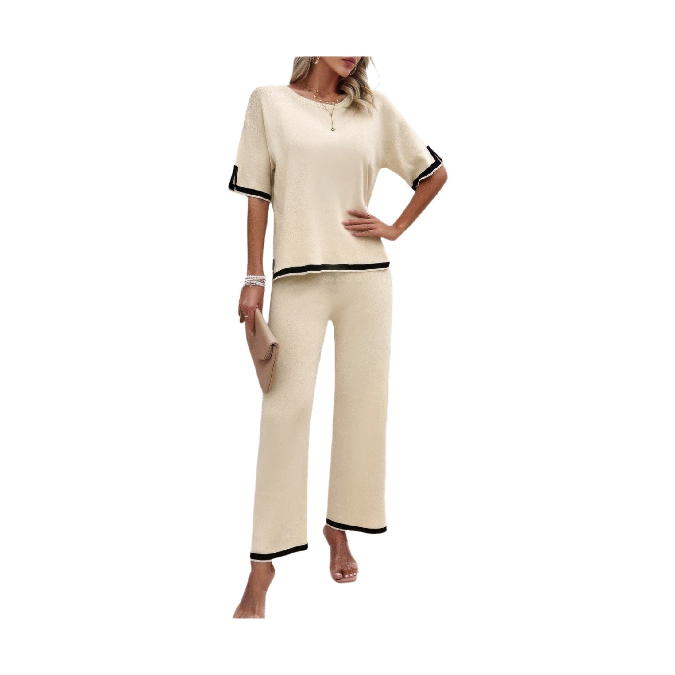 Vacation casual knitwear for women in cream with black trim short sleeve top and wide leg pants