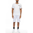 WEIV men's white vacation casual shorts for men paired with matching white t-shirt and sneakers