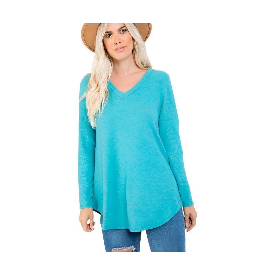 P & ROSE COLLECTION Women's Vacation Casual Tops in Aqua with V-Neck Design and Long Sleeves