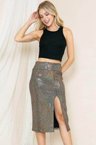 Shimmery Vacation Fashion Skirt with a high slit, perfect for stylish summer outings