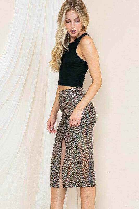 Shimmery Women's Vacation Fashion Skirt with Side Slit from Orange Farm Clothing, perfect for summer outings
