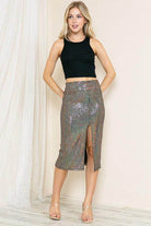 Women's Vacation Fashion Skirt in shimmery fabric with a stylish side split for a chic look