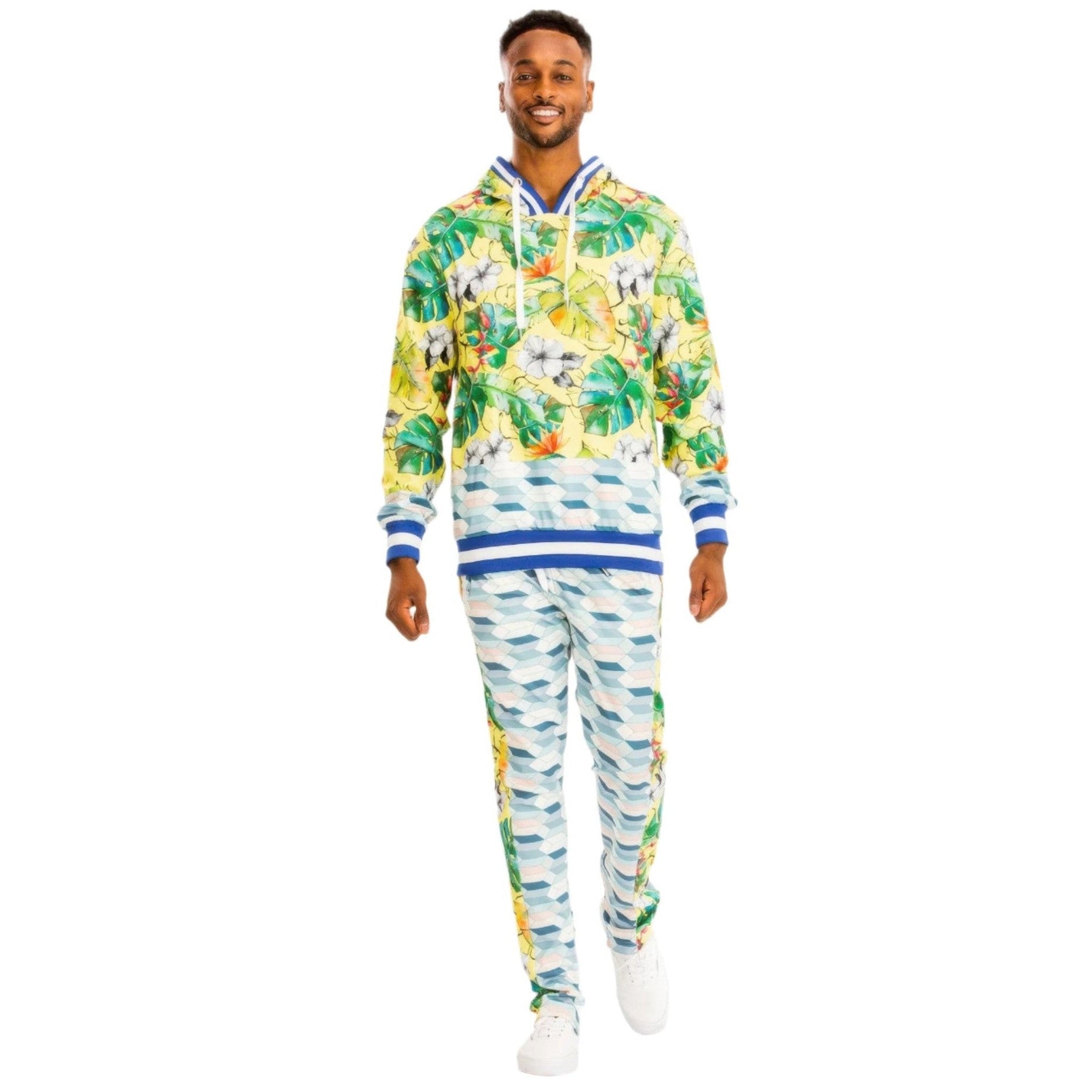 Men's 2PC vacation hoodie sweatpants set featuring tropical print and vibrant colors for stylish comfort