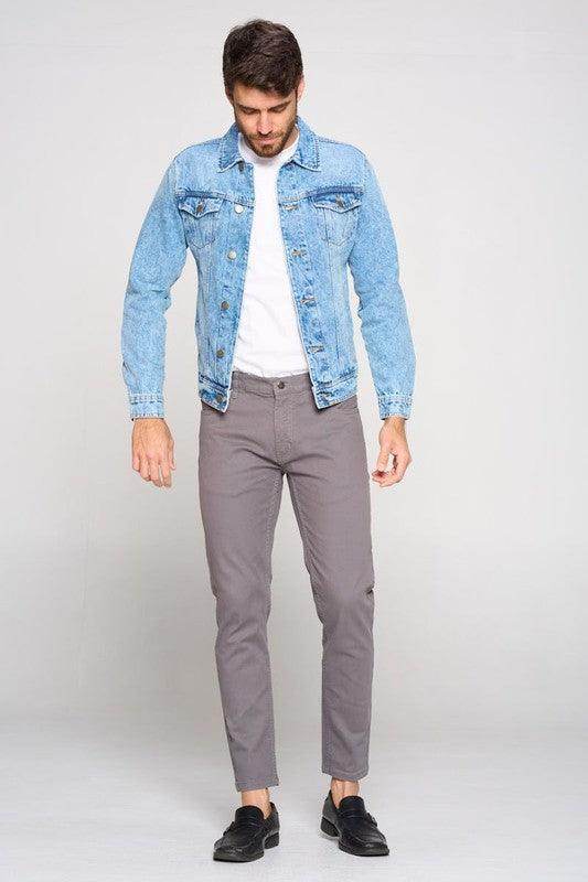 Men's Blue Age vacation light blue jacket styled with grey pants and a white shirt