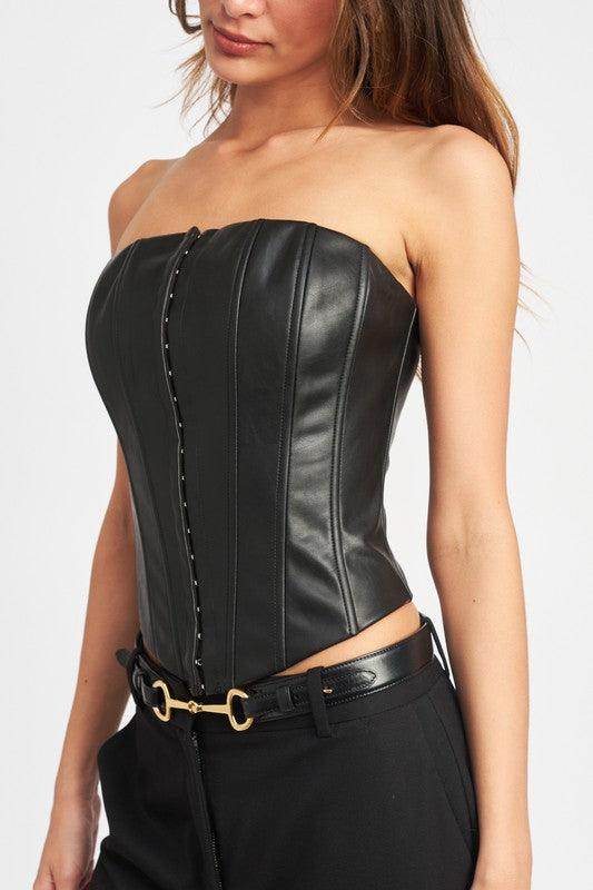 Emory Park Women's Black Faux Leather Bustier Top for a Stylish Vacation Outfit Bustier