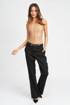 Emory Park Women's Vacation Outfit Bustier in Beige Paired with Elegant Black Trousers