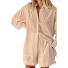 Miss Sparkling light beige textured button-up shirt and shorts vacation outfit for women