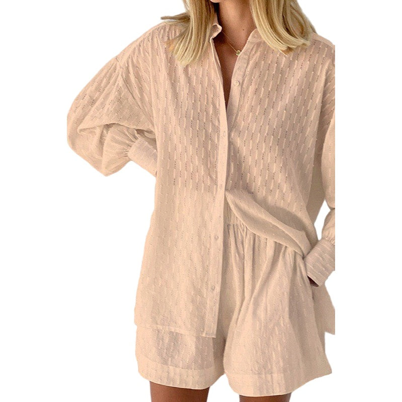 Miss Sparkling light beige textured button-up shirt and shorts vacation outfit for women