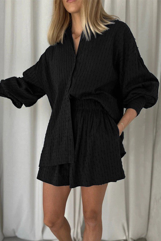 Miss Sparkling black relaxed short set as a vacation outfit for women with a textured fabric and loose fit