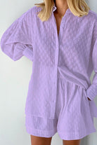 Miss Sparkling lavender textured shirt and shorts set perfect vacation outfit for women with comfortable fit