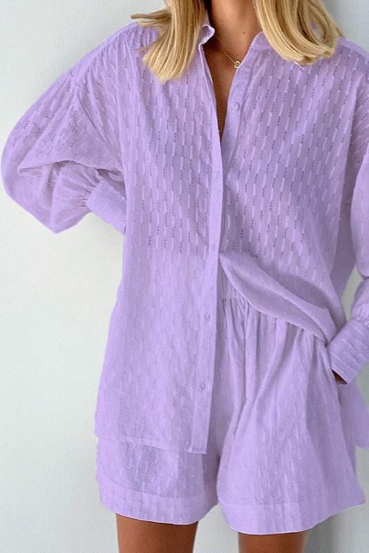 Miss Sparkling lavender textured shirt and shorts set perfect vacation outfit for women with comfortable fit
