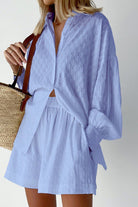 Miss Sparkling light blue vacation outfit for women with loose shirt and matching shorts