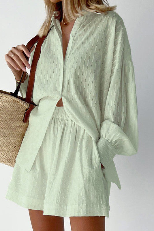 Miss Sparkling light green textured two-piece vacation outfit for women with button-up shirt and shorts
