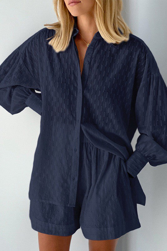 Miss Sparkling navy blue textured shirt and shorts set vacation outfit for women in lightweight fabric