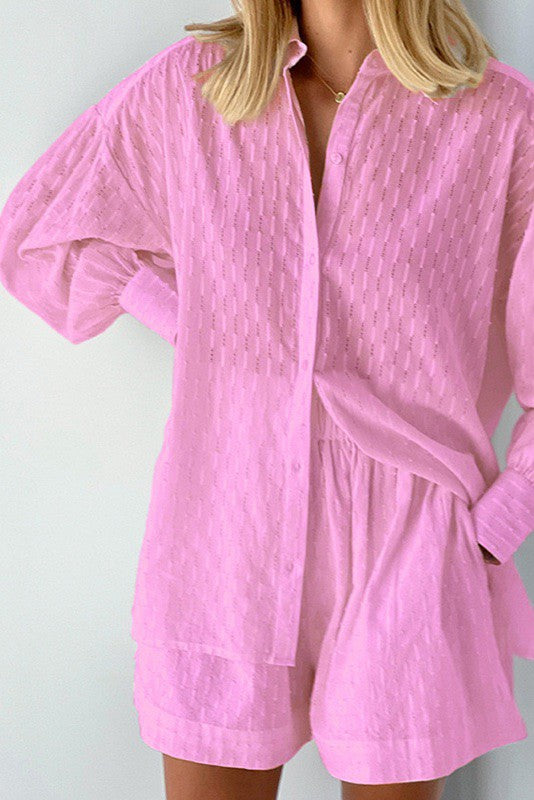 Miss Sparkling pink textured button-up shirt and matching shorts vacation outfit for women