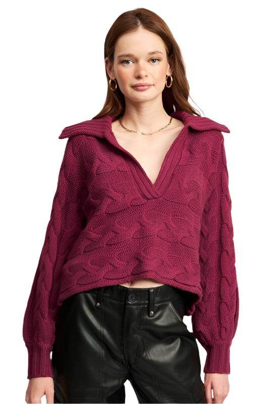 Emory Park Women's Cable Knit Sweater in Burgundy, perfect for vacation outfit ideas
