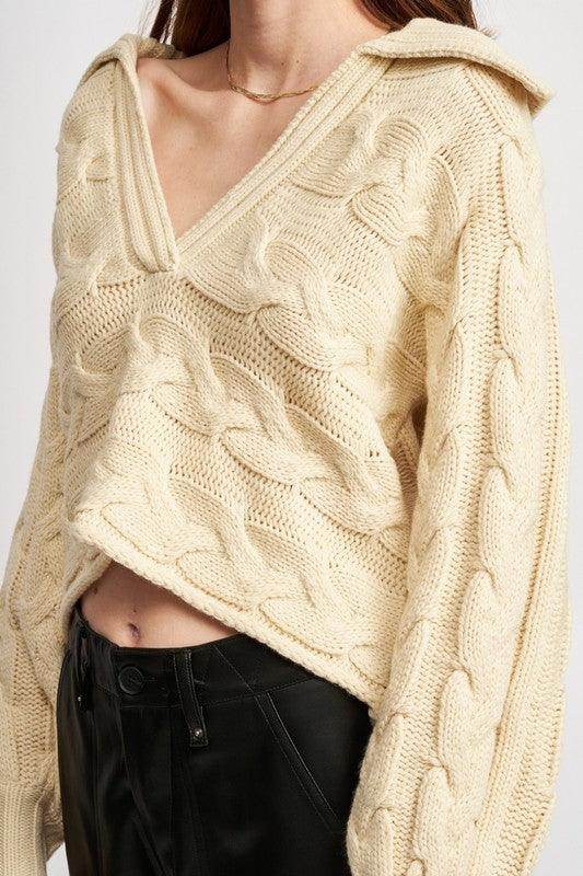 Emory Park Women's Cream Cable Knit Sweater for vacation outfit ideas with a stylish collar