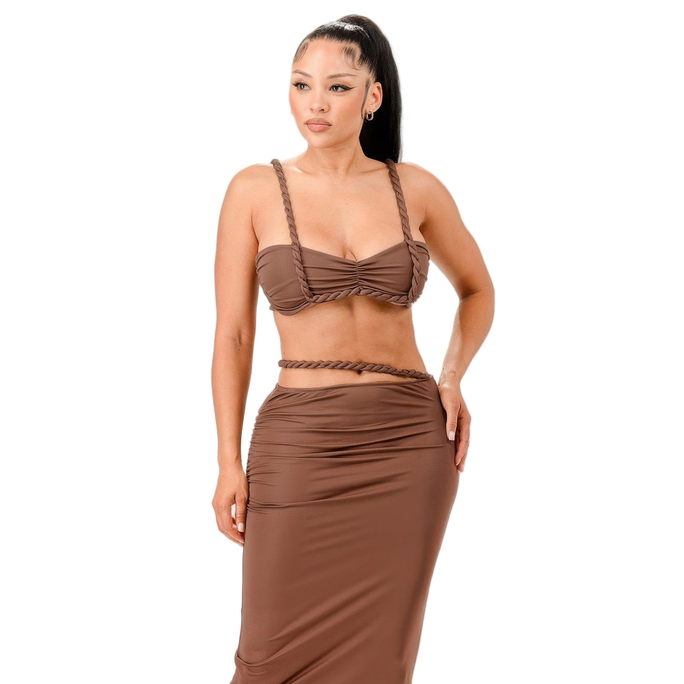 Stylish two-piece brown women's outfit set, perfect vacation outfits for women with a flattering design.
