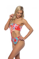 Beach Joy Bikini women's vacation ready one shoulder swimsuit in red tropical floral print