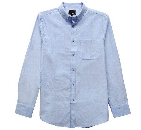 Light blue WEIV button down vacation shirts with a chest pocket for casual summer outings
