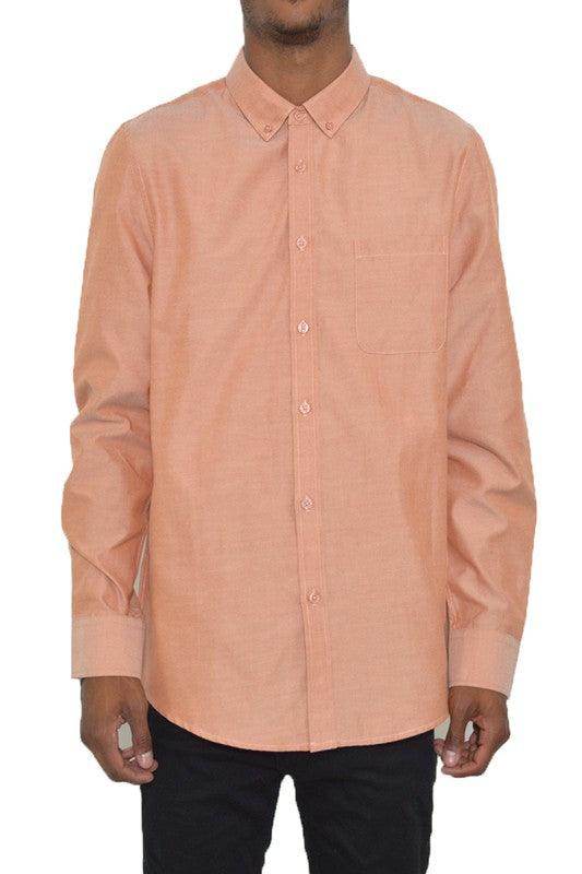 WEIV Men's Button Down Vacation Shirts in Peach Color with Long Sleeves and Pocket
