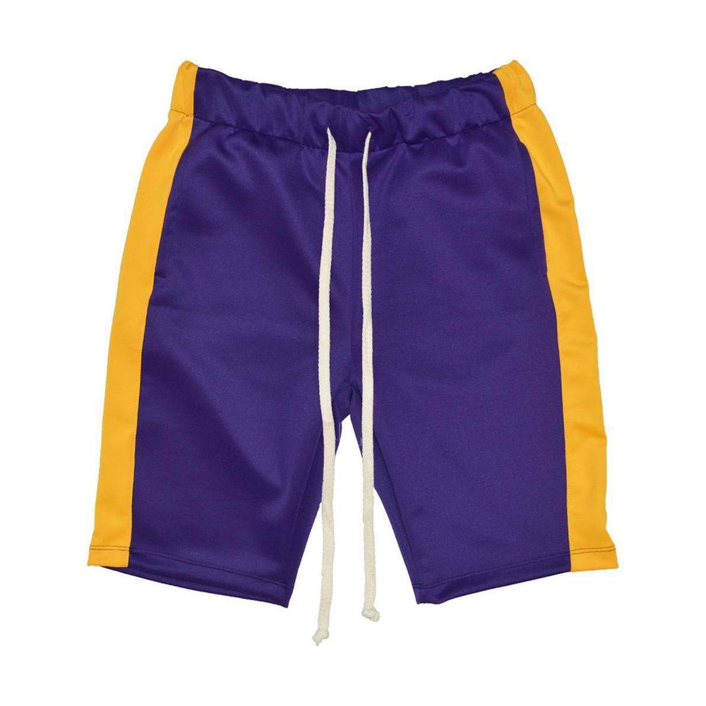 WEIV Men's vacation style athletic shorts in purple with yellow side stripes and drawstring waistband