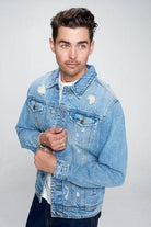 Men's Blue Age vacation style blue jean jacket with distressed details for a fashionable look