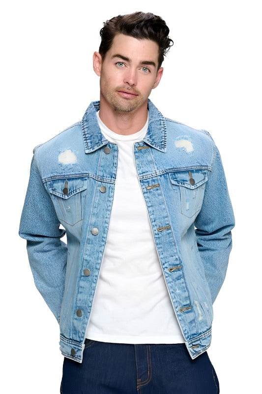 Men's vacation style blue jean jacket from Blue Age with distressed details and classic fit