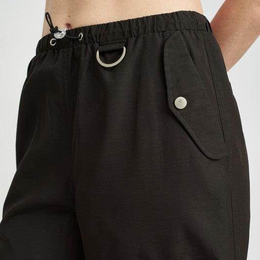 Emory Park women's vacation style cargo pants in black with adjustable waistband and pockets