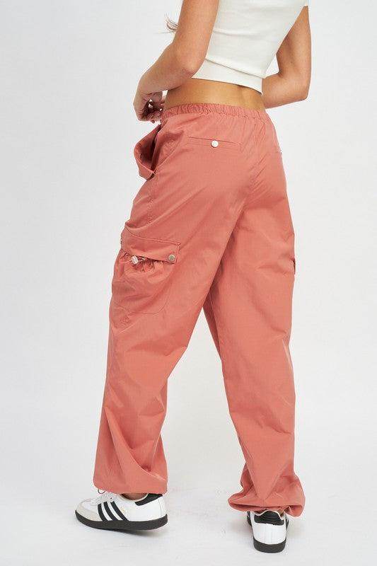 Emory Park Women's Vacation Style Cargo Pants in Peach with Elastic Waist and Side Pockets