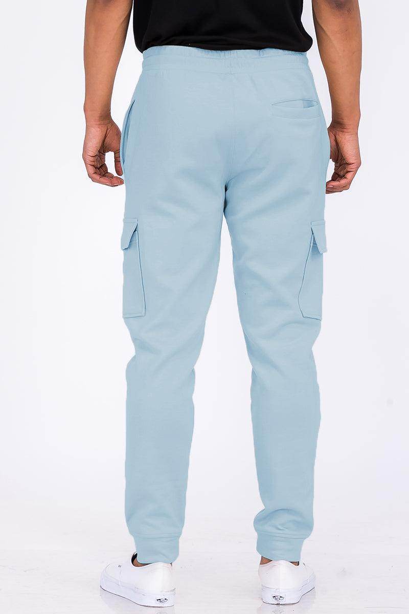 Men's WEIV vacation style cargo pants in light blue with elastic waistband and side pockets