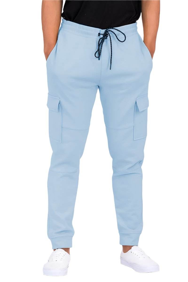 WEIV Men's Vacation Style Cargo Pants in Light Blue with Adjustable Drawstring Waist