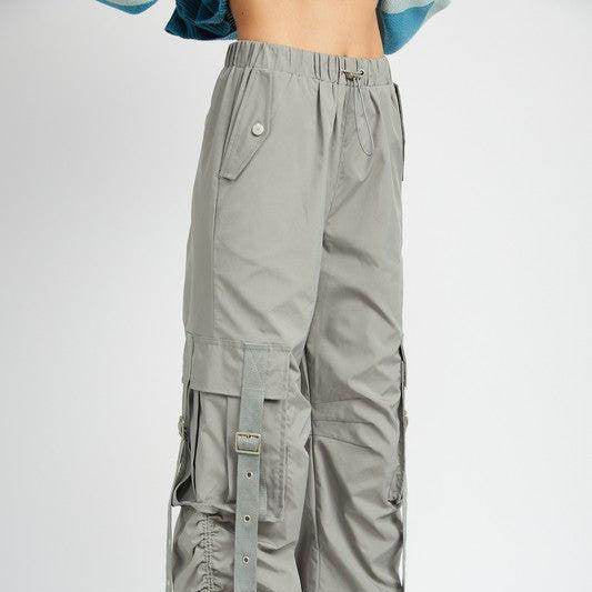 Emory Park women's vacation style cargo pants in light grey with adjustable straps and side pockets