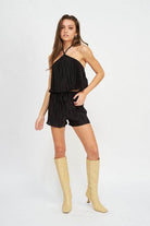 Emory Park Women's Vacation Style Crop Tops in Black with Pleated Design and Adjustable Straps