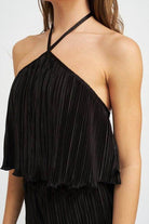 Emory Park Black Pleated Vacation Style Crop Tops with Halter Neck Design for Summer Outfits