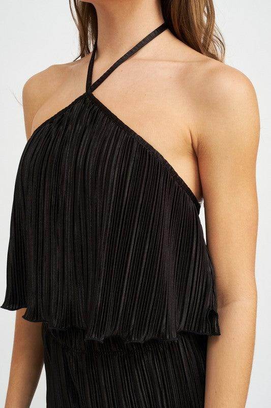 Emory Park Black Pleated Vacation Style Crop Tops with Halter Neck Design for Summer Outfits
