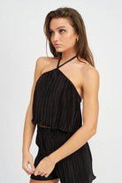 Emory Park Women's Black Vacation Style Crop Tops with Pleated Design for Trendy Summer Looks
