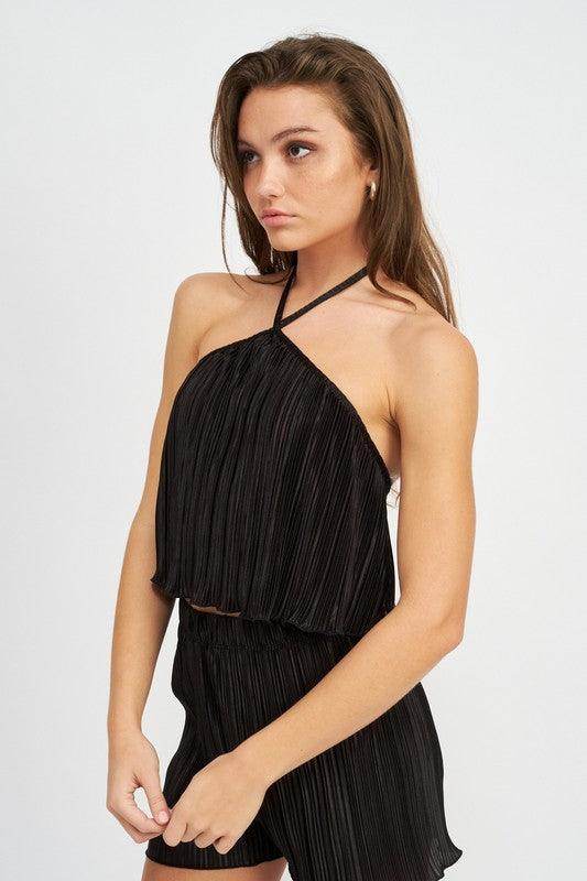 Emory Park Women's Black Vacation Style Crop Tops with Pleated Design for Trendy Summer Looks