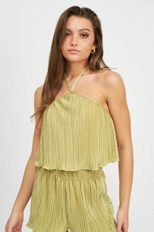 Emory Park Women's Vacation Style Crop Tops in Light Green Pleated Design for Summer Outfits