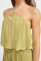 Emory Park Olive Green Pleated Vacation Style Crop Tops with Halter Neck Design