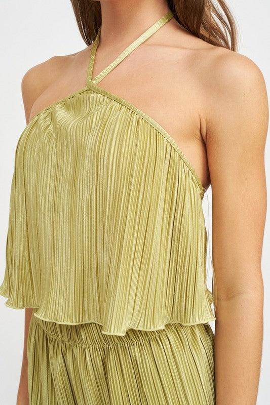 Emory Park Olive Green Pleated Vacation Style Crop Tops with Halter Neck Design