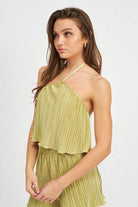 Emory Park Women's Cropped Top in Olive Green, perfect for vacation style crop tops with pleated design