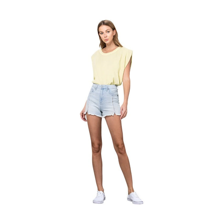 Insane Gene vacation style denim shorts in light wash with frayed hem and high-waisted fit