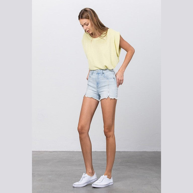 Insane Gene vacation style denim shorts in light wash with frayed hem for summer outings