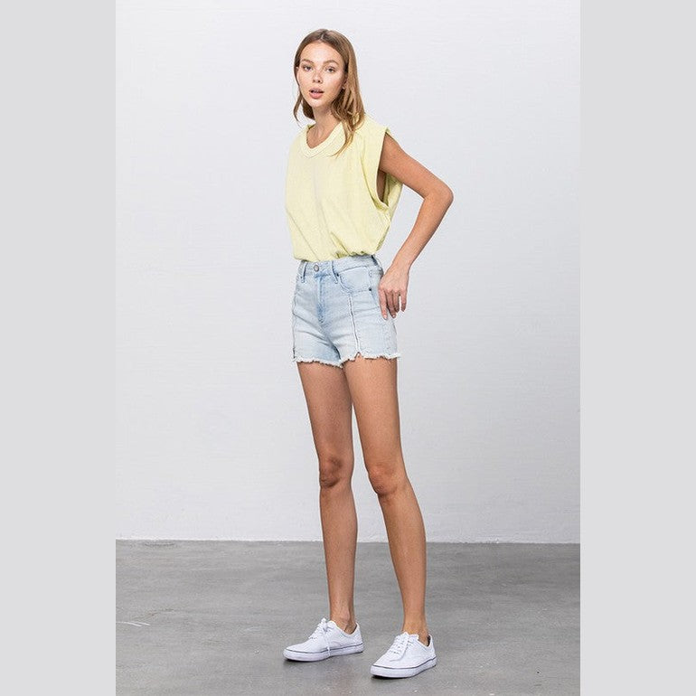 Insane Gene women's vacation style denim shorts in light wash with frayed hem for a stylish summer look