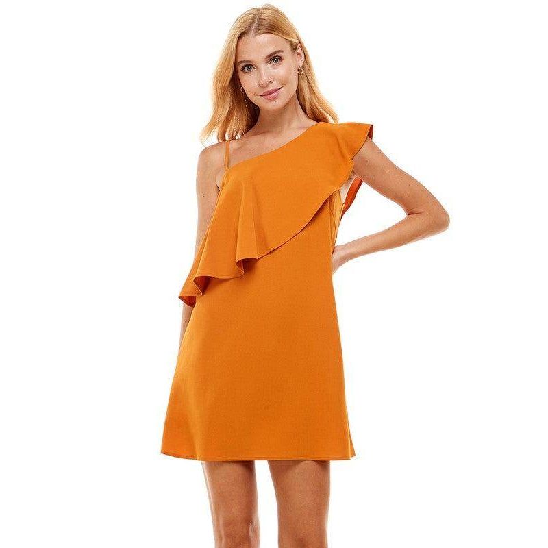 TCEC Women's Orange Vacation Style Dress with One-Shoulder Ruffle Detail