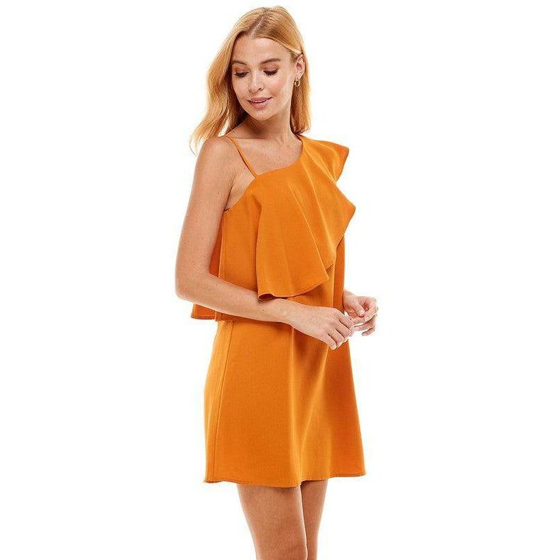 TCEC Women's Vacation Style Dress in Orange with Ruffled Detail and Adjustable Straps