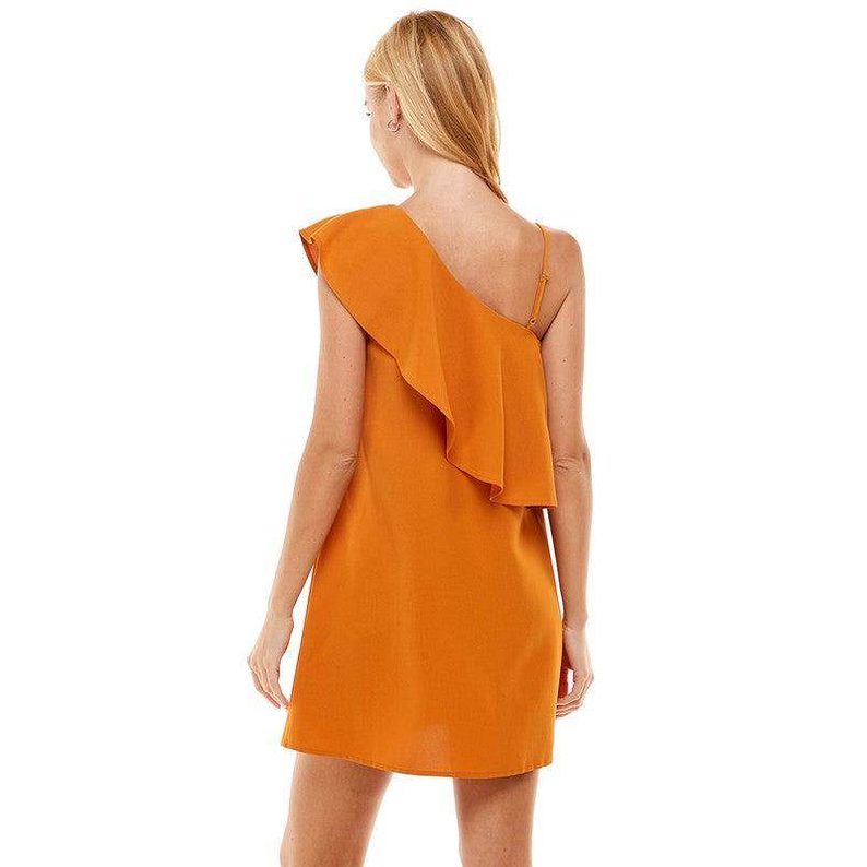 TCEC Women's Vacation Style Dress in Orange with a Stylish Ruffle Detail and One Shoulder Design